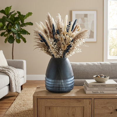 Vase décoratif en verre ovale avec texture gravée pour la décoration intérieure - Vase à fleurs moderne pour grand salon - bleu et vert