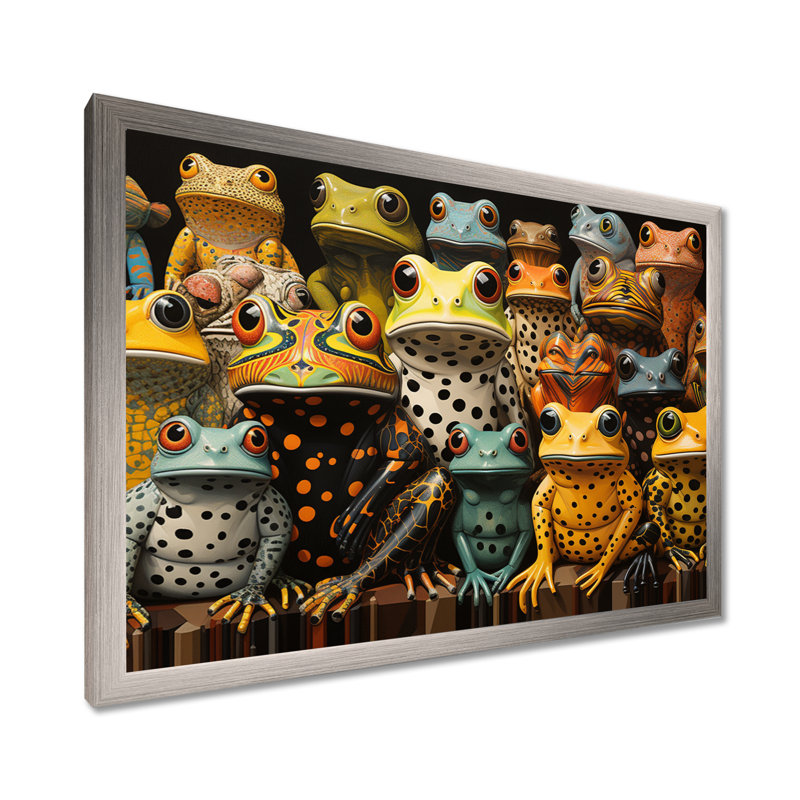 «Multicolor Pop Art Frogs I», reproduction d'art sur toile, H 24 po x l 32 po x P 1 po, Cadre simple argenté