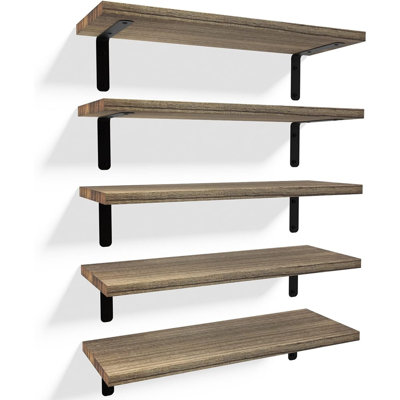 Set Of 5 Rustic Wood Floating Shelves, Farmhouse Wall Décor – Carbonized Black