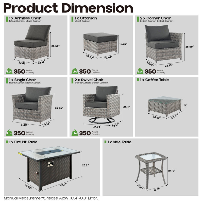 7-person Mostly No Assembly Required Outdoor Sectional With Cushions,swivel Rockers And Fire Pit,all-weather Wicker Patio Set