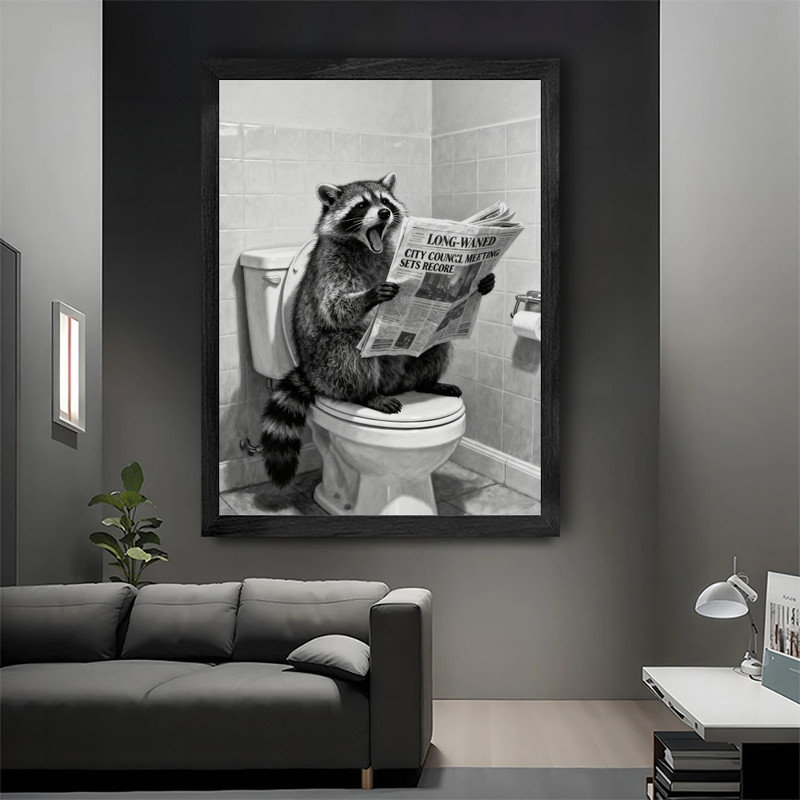 Art mural noir, lecture de journal de lecture de raton laveur sur toilette, impression de cadre de salle de bain humoristique