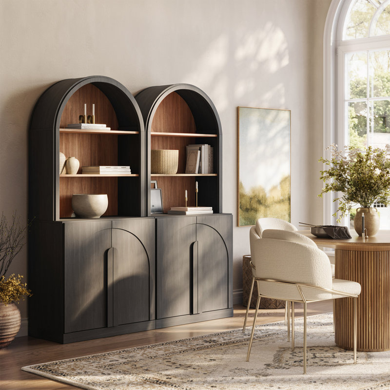71" Tall Arched Bookshelf with Storage, Set of 2, Ebony, Ebony