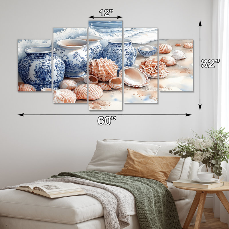 «Floral Beach Pottery in Blue and White Tones II», ensemble d'art mural sur toile