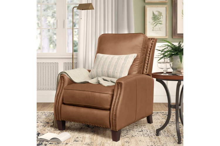 wide brown genuine leather recliner in living room