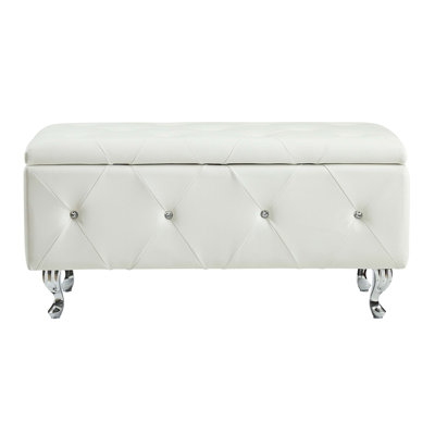 Tufted Bonded Leather Storage Bench with Crystal Decor, Upholstered Bedroom Bench Ottoman with Hidden Storage for Entryway Bed End Living Room