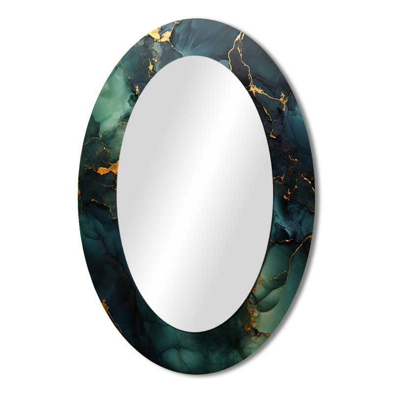 Gold And Green Abstract Marble Design III - Abstract Oval Decorative Mirror On Metal, 36" x 24"