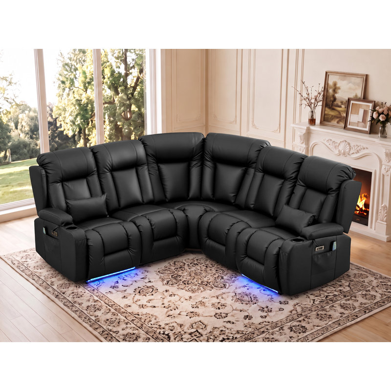 Upholstered 77 " Power Reclining L-Shaped Corner Sectional, PU Leather Black