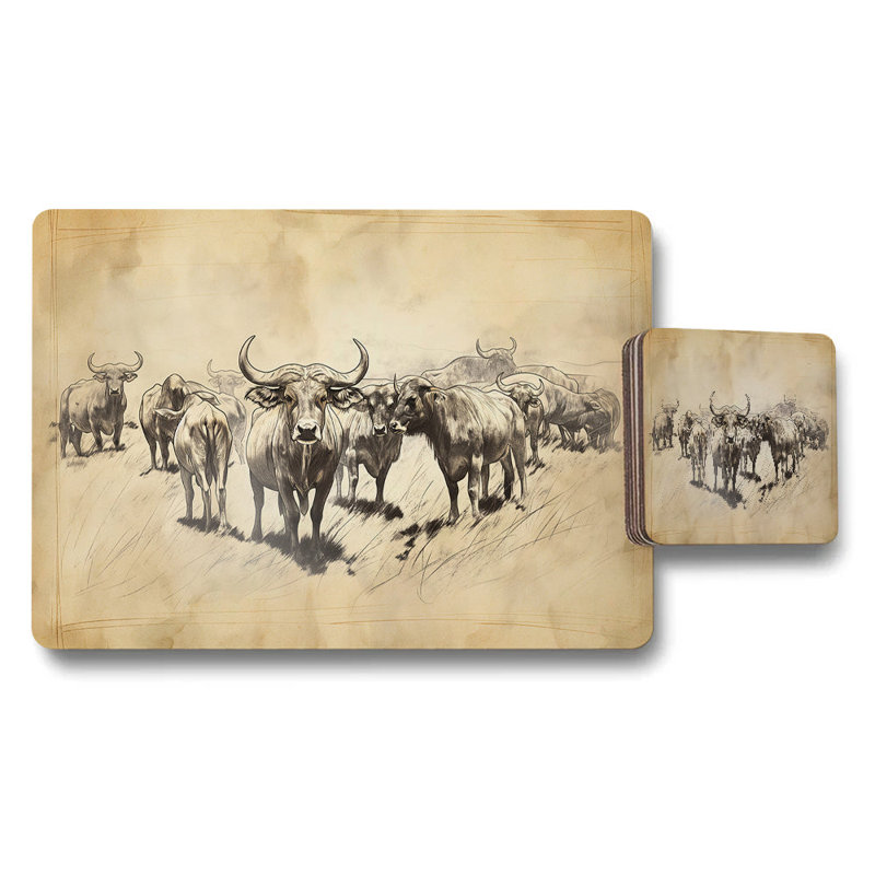 Antique Sketch Cattle Herd Placemat And Coaster Set