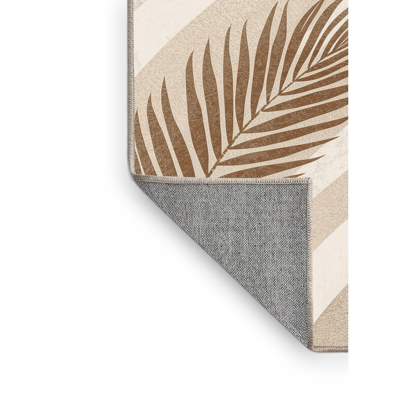 Tapis beige abstrait à motif de palmiers à motif de noix de coco lavables à la machine - Reliure beige, Rond 3 pi