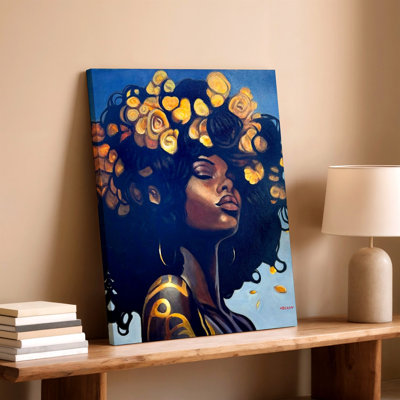 Portrait de femme noire avec impression d'art floral sur toile cheveux afro, décoration murale botanique florale pour le bureau de la chambre à coucher de salon