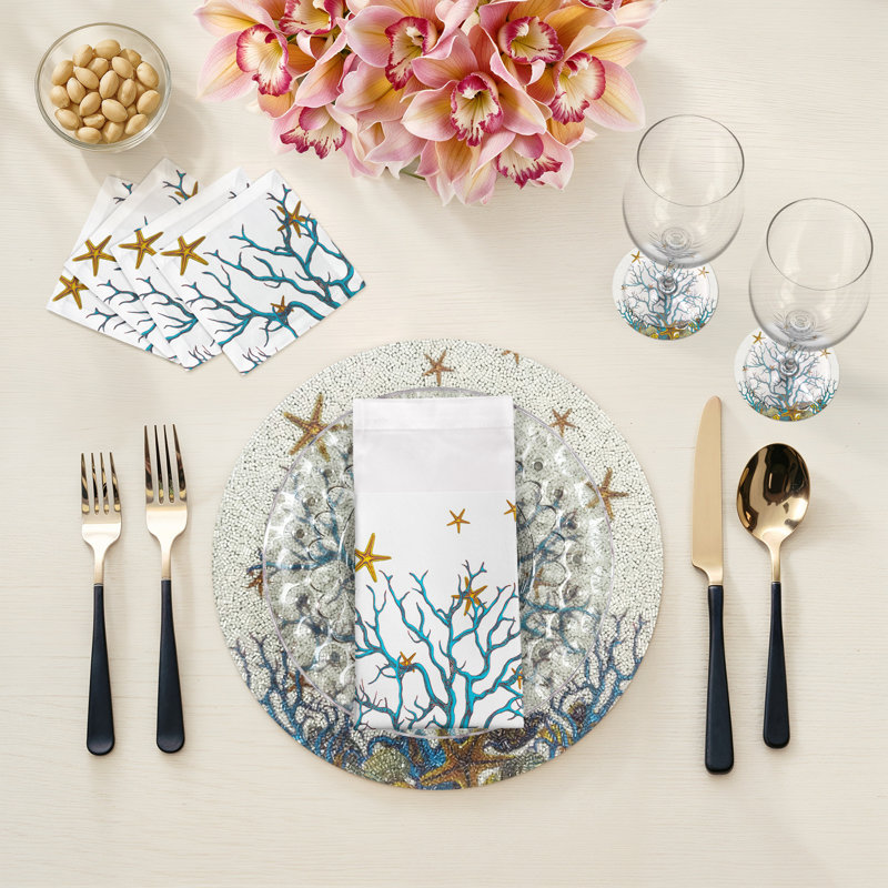 Coral Reef Round Beaded Placemat, White Turq