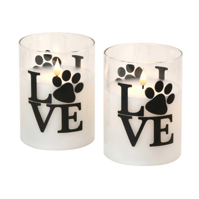 Battery Operated LED Glass Candles with 3D Wick Flame, Love Paw - 2 Piece