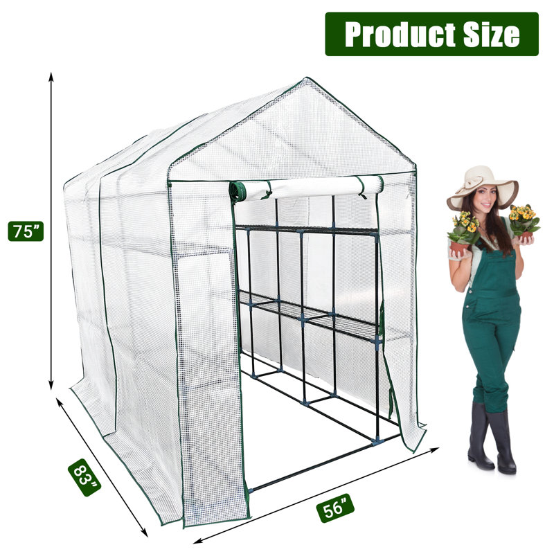 Outdoor Walk-In Greenhouse – 9 Shelves, Sturdy Steel Frame, Roll-Up Zippered Door with Anchors & Ropes, Ideal for Garden & Patio Plants (White, 143×215×195cm)