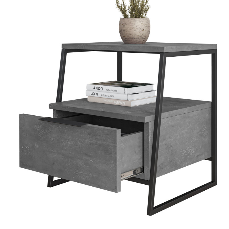 Catinna 1 Drawer Bedside Table | Modern Nightstand with Open Shelf, Retro Gray