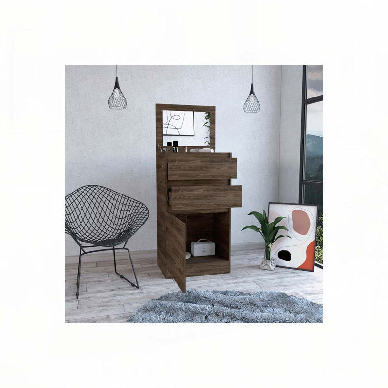 Commode Kamelot avec boîte à bijoux, armoire à une porte, miroir, deux tiroirs - noyer foncé, Brun