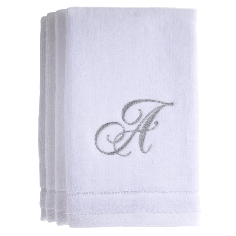  Monogrammed 4 Piece 100% Cotton Fingertip Towel Set, A, White