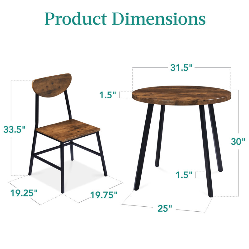 3-Piece Brown Engineered Wood Round Dining Set with Metal Legs