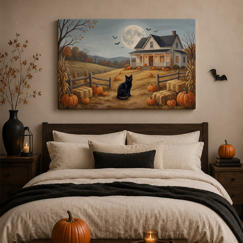 «Black Cat Sitting in Pumpkin Patch Under Full Halloween», art mural sur toile, H 28 po x l 40 po