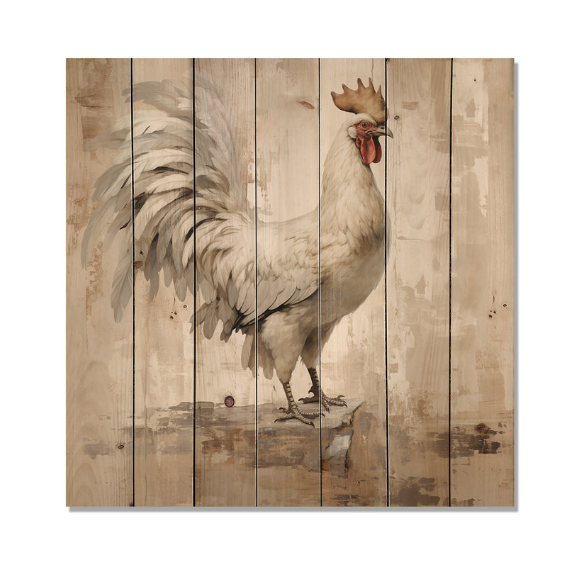 Rustic Rooster Wooden Peck II - Chicken Animal On Wood Print, 36" H x 36" W