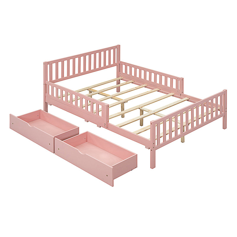 Lit plateforme double en bois avec garde-corps des deux côtés et deux tiroirs de rangement, rose, Lit double, Rose