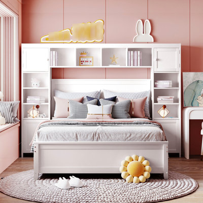 Lit double en bois avec armoire et tablette de rangement - Option intégrée et moderne de style classique