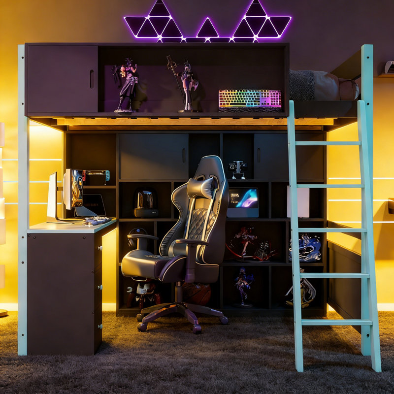 Lit mezzanine double en bois avec bureau, grand espace de rangement et lumière, Bleu