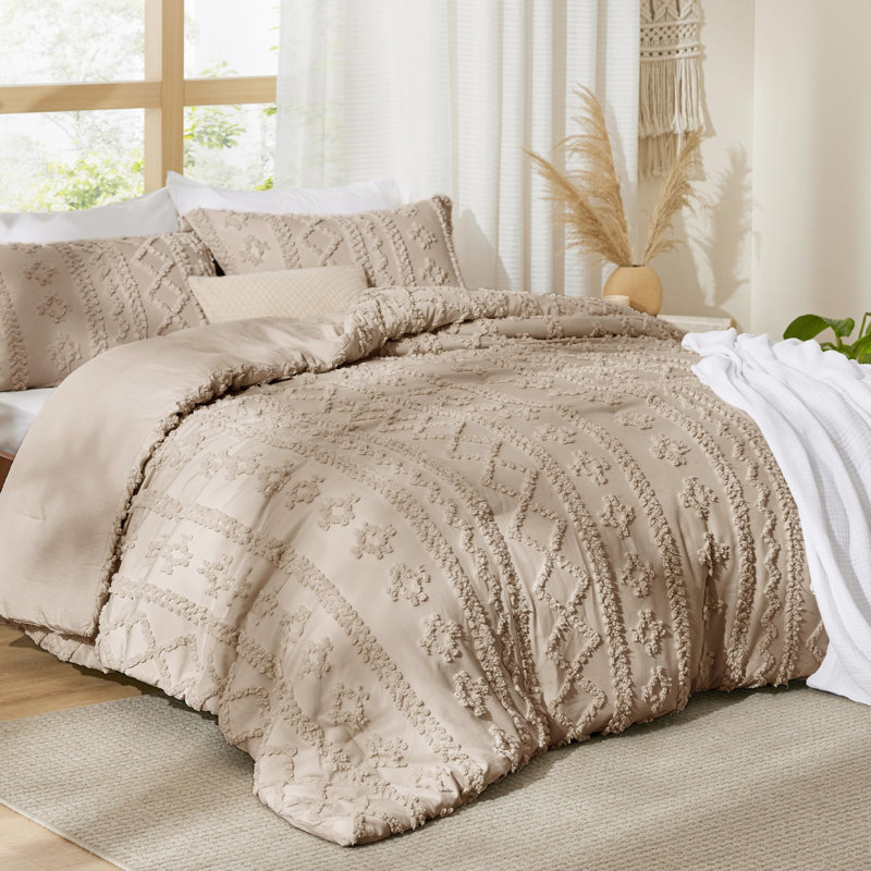 Bedsure Tufted Embroidery All-Season Microfiber Comforter Set, Oversized King Comforter + 2 King Shams, Khaki Brown