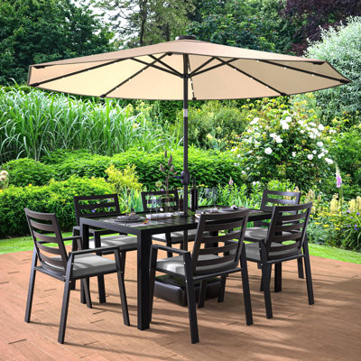 Letendre 7-Piece Outdoor Dining Set Rectangular Dining Table with Slats and 6 Arm Chairs in Aluminum