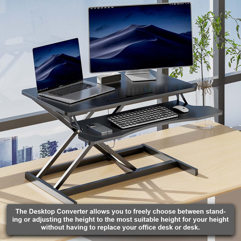 32" Wide Height Adjustable Sit Stand Up Desk Riser With Keyboard Tray, Desktop Workstation Riser For Home Office Computer Laptop, Black