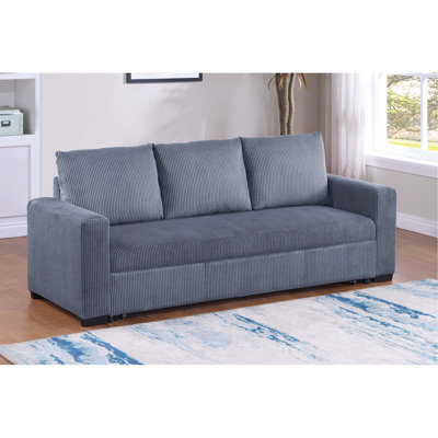 Convertible Sleeper Sofa Pull Out Bed Plastic Legs Cushion Back Square Arms Convenient Handles Dark Gray Finish Primary Living Room