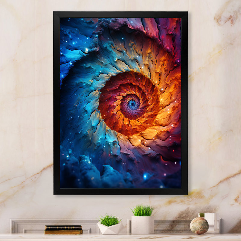 «Colorful Space Fractal Vortex I», impression d'art mural fractal, Cadre simple noir, H 32 po x l 16 po x P 1 po