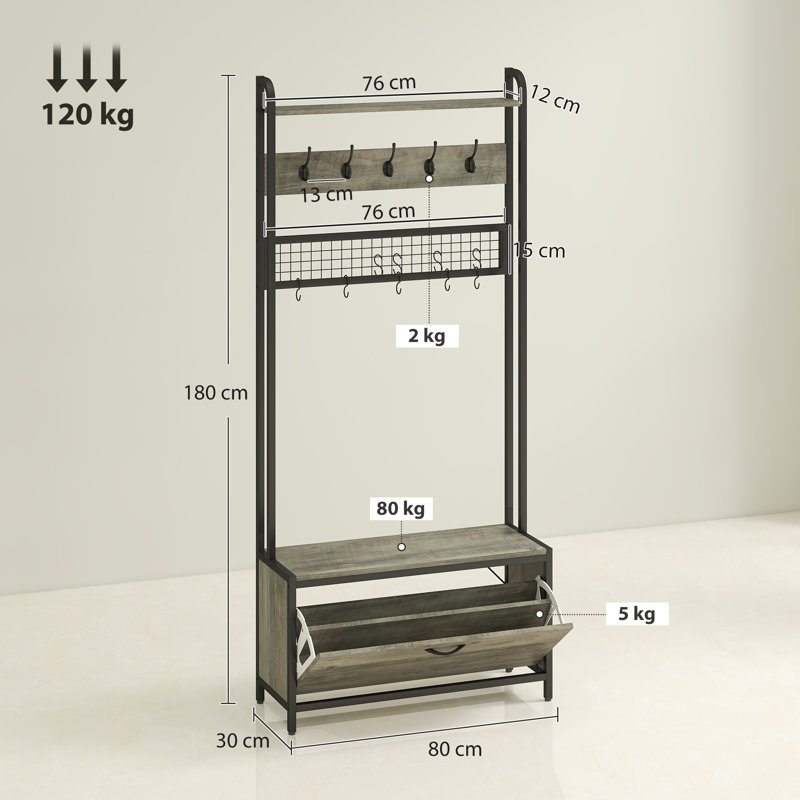 Hall Tree 80cm Wide with Bench and Shoe Storage