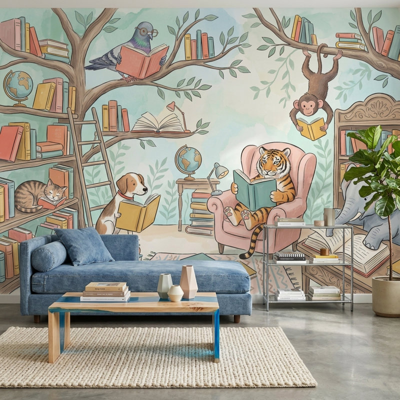 Papier peint bibliothèque, décoration murale amovible fantaisiste, 160 po x 108 po, Non tissé