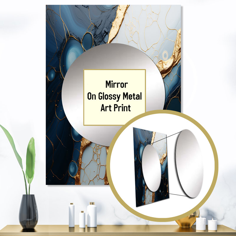 Jaderian Gold and Blue Marble Essence Magic II - Miroir mural décoratif en marbre, miroir moderne, impression sur métal