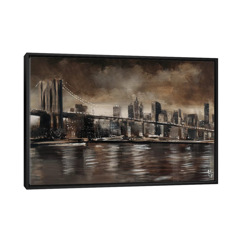 NY NY Brooklyn Bridge, impression sur toile, H 18 po x l 26 po x p 1,5 po, Toile avec cadre noir, Pas de tapis