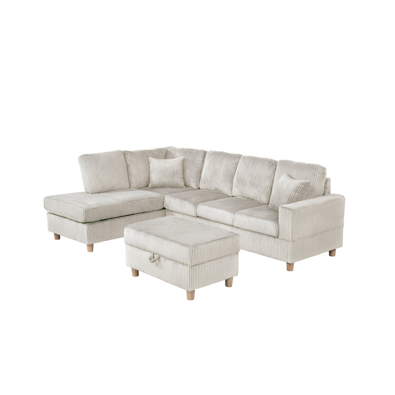 3Pc Velvet Corduroy Reversible Sectional With Chaise, Drop Down Table, And Storage Ottoman, Beige Velvet