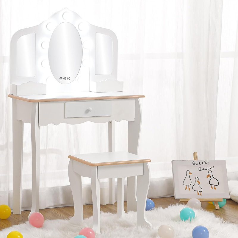 Kids Vanity with Lighted Mirror - Little  Vanity Table and Stool - Kids Makeup with Tri-Fold Mirror - Drawer and Storage Grid for 3-9 Yrs  - White