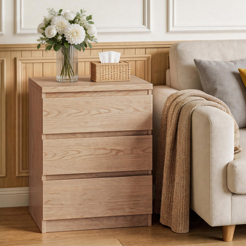 Wooden Nightstand with 3 Drawers, Natural, Individual