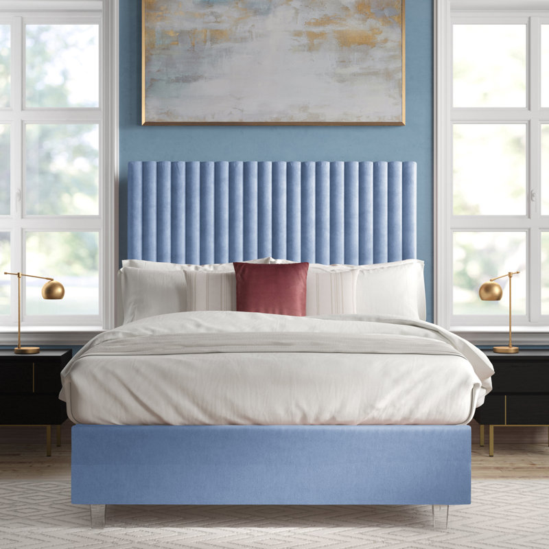 Upholstered Platform Bed, King, Sky Blue Velvet