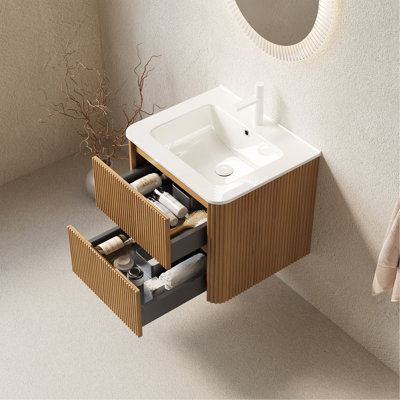 Meuble-lavabo 24 po avec lavabo, meuble de rangement mural rayé en contreplaqué avec 2 tiroirs, lavabo rectangulaire en céramique blanc, sans robinet, grain de bois naturel pré-assemblé