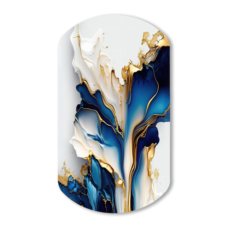 Géode abstraite, or et bleu, forme de marbre III - art mural cylindrique en métal, impression asymétrique bleue sur métal