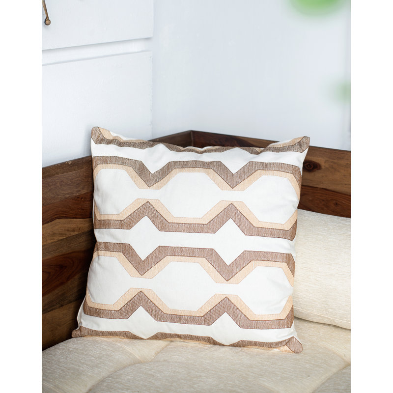 Beige and Brown Geometric Embroidered Cotton Square Pillow