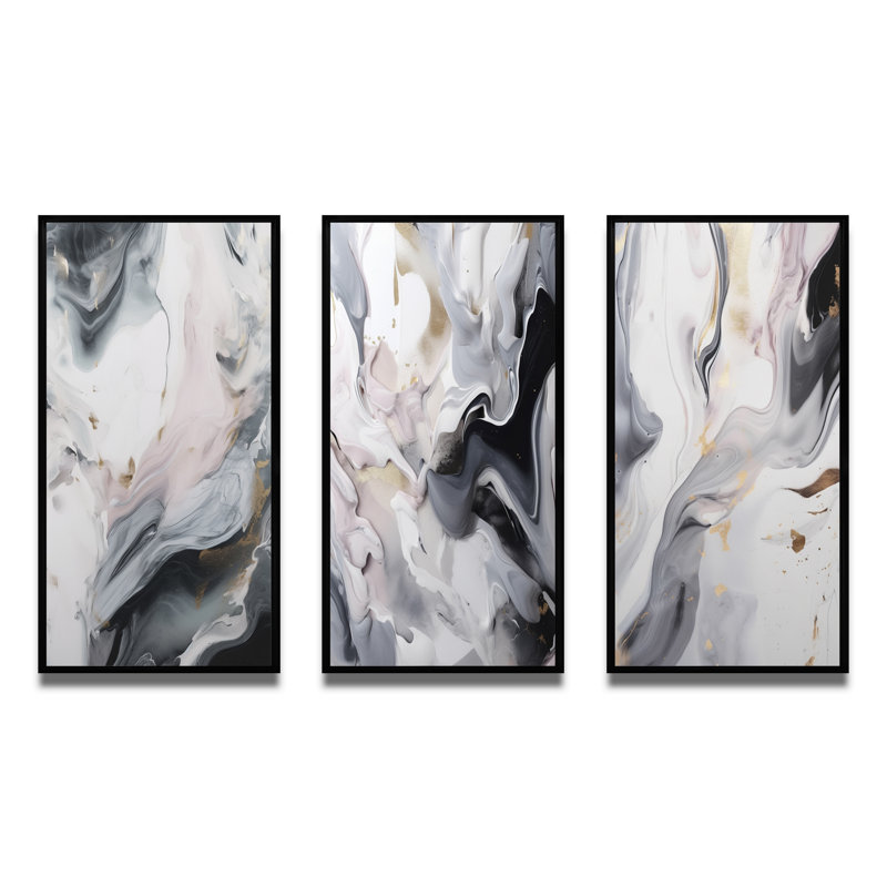 «White and Grey Ripples Of Stone», 3 pièces sur toile, Cadre flottant noir, H 40 po x l 60 po