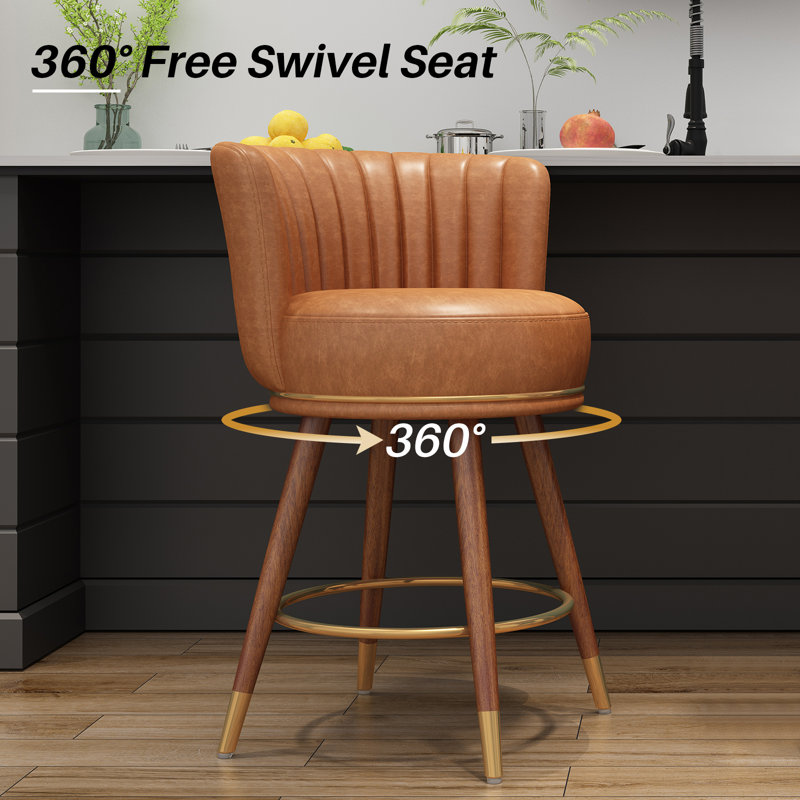 Green Leather Swivel Low Back Bar Stools with Wood Legs, Set of 4