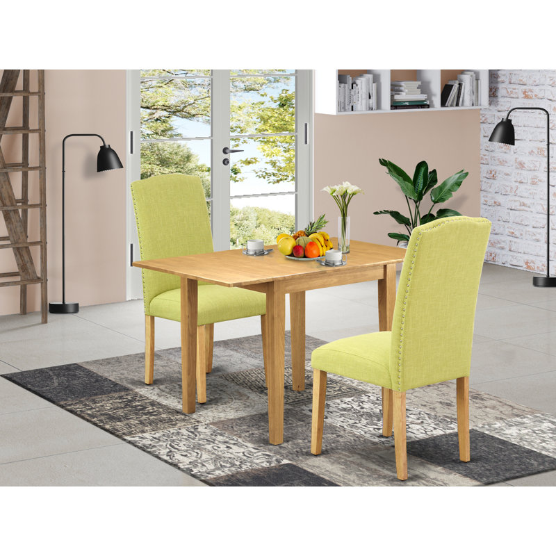  Ensemble de coin repas 3 pièces pour petits espaces comprenant une table de salle à manger rectangulaire avec Dropleaf et 2 chaises Parson Limelight en tissu de lin, 30 x 48 pouces, chêne