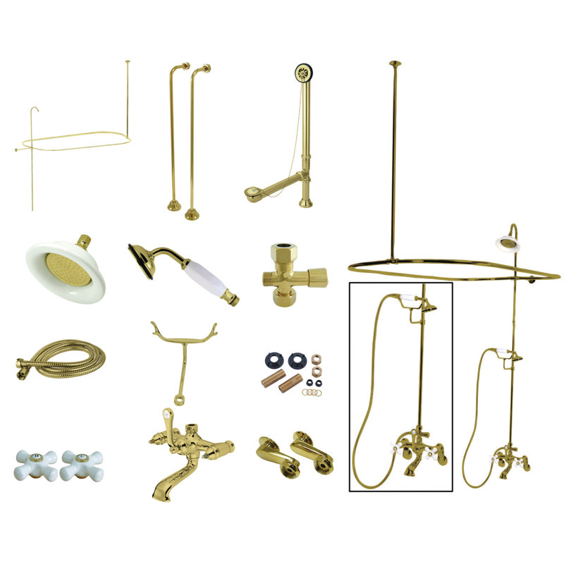 Kingston Brass Vintage Three-Handle 2-Hole Tub Wall Mount Clawfoot Tub Faucet Package with Shower Enclosure and Hand Shower