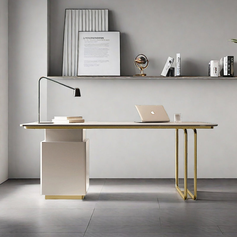 Bureau en pierre frittée avec tiroirs, H 28,74 po x l 70,87 po x P 27,56 po, Doré / Blanc