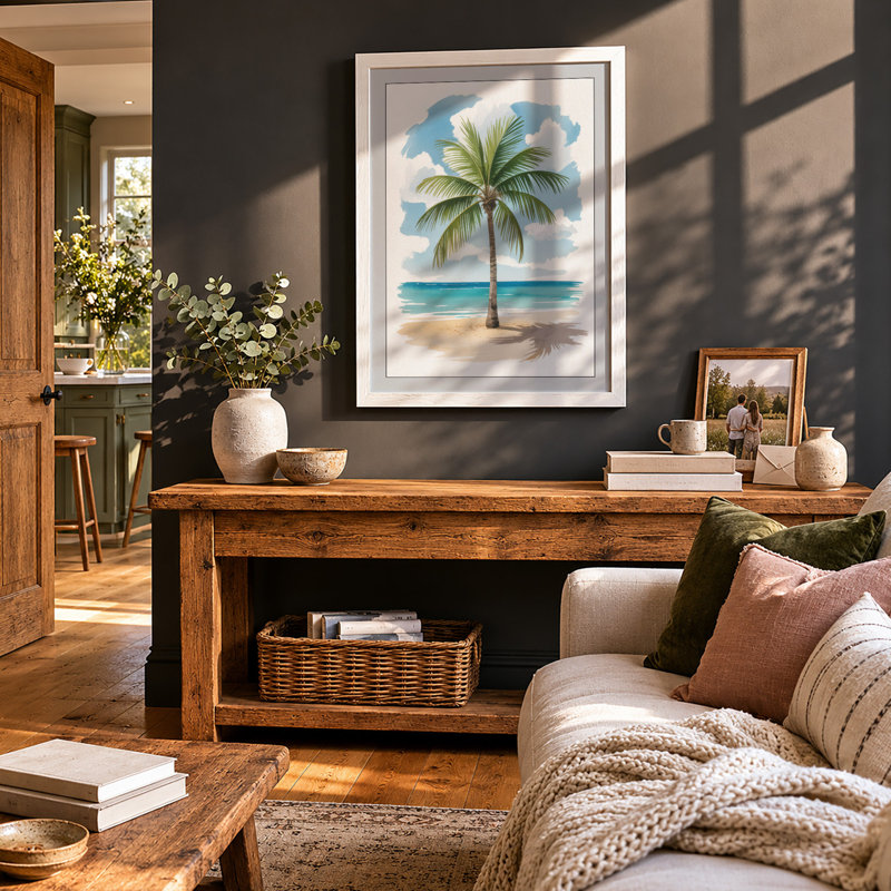 Solitary Palm Coastal - Framed Print, A1 - 84.1 x 59.4 cm, White