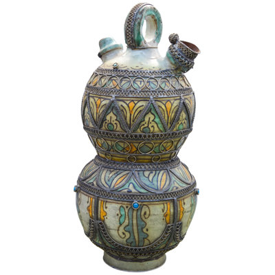 Urne en céramique orange / argent / bleu 13 po intérieur / extérieur