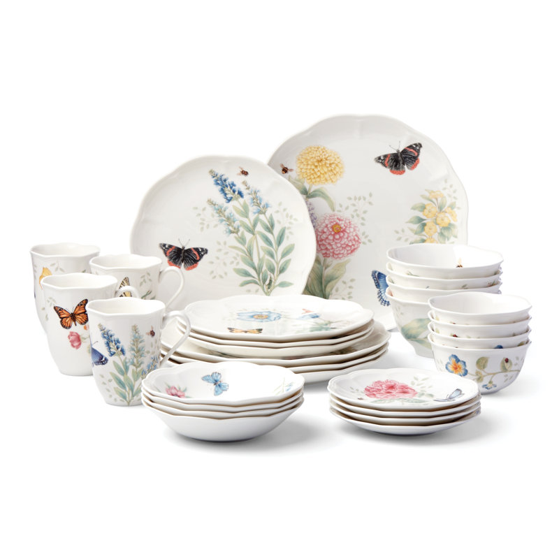 Lenox Butterfly Meadow Porcelain 28-Piece Dinnerware Set, Dishwasher Safe, White